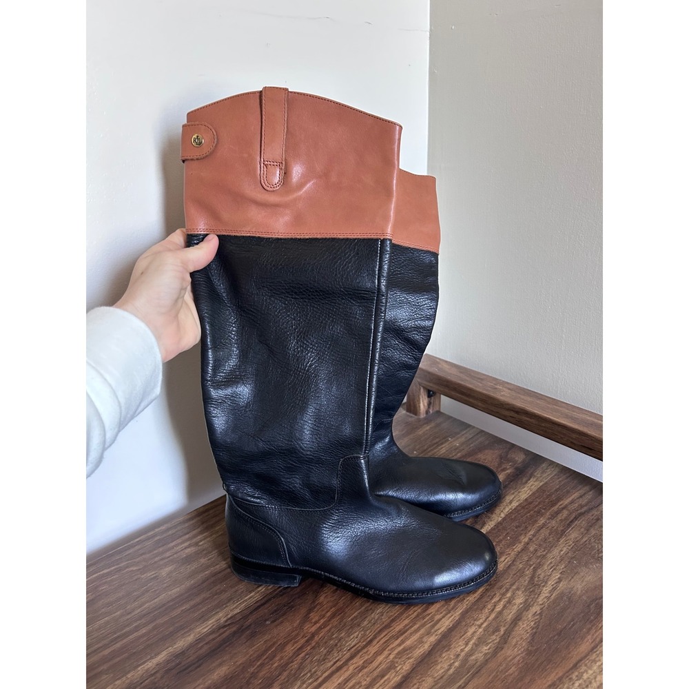 Lauren Ralph Lauren Black Brown Leather Riding Boots Two‎ Tone Tall 5.5 B